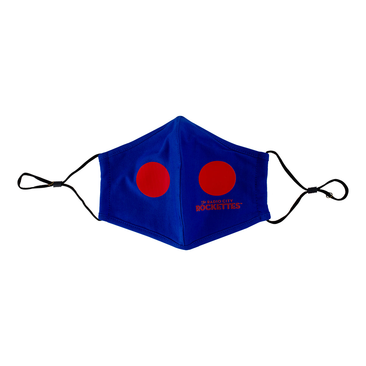 Blue and red face mask from front view, with Radio City Rockettes Christmas Spectacular branding