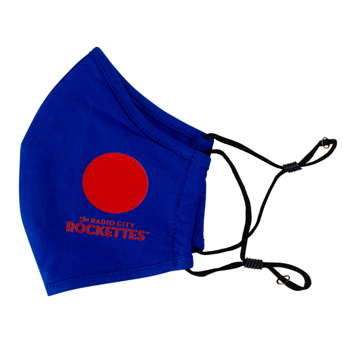 Blue and red face mask from side view, with Radio City Rockettes Christmas Spectacular branding