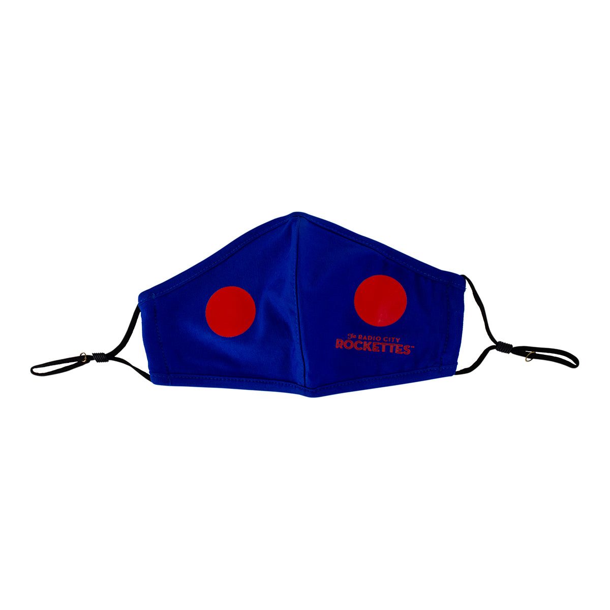 Blue and red face mask from front view, with Radio City Rockettes Christmas Spectacular branding