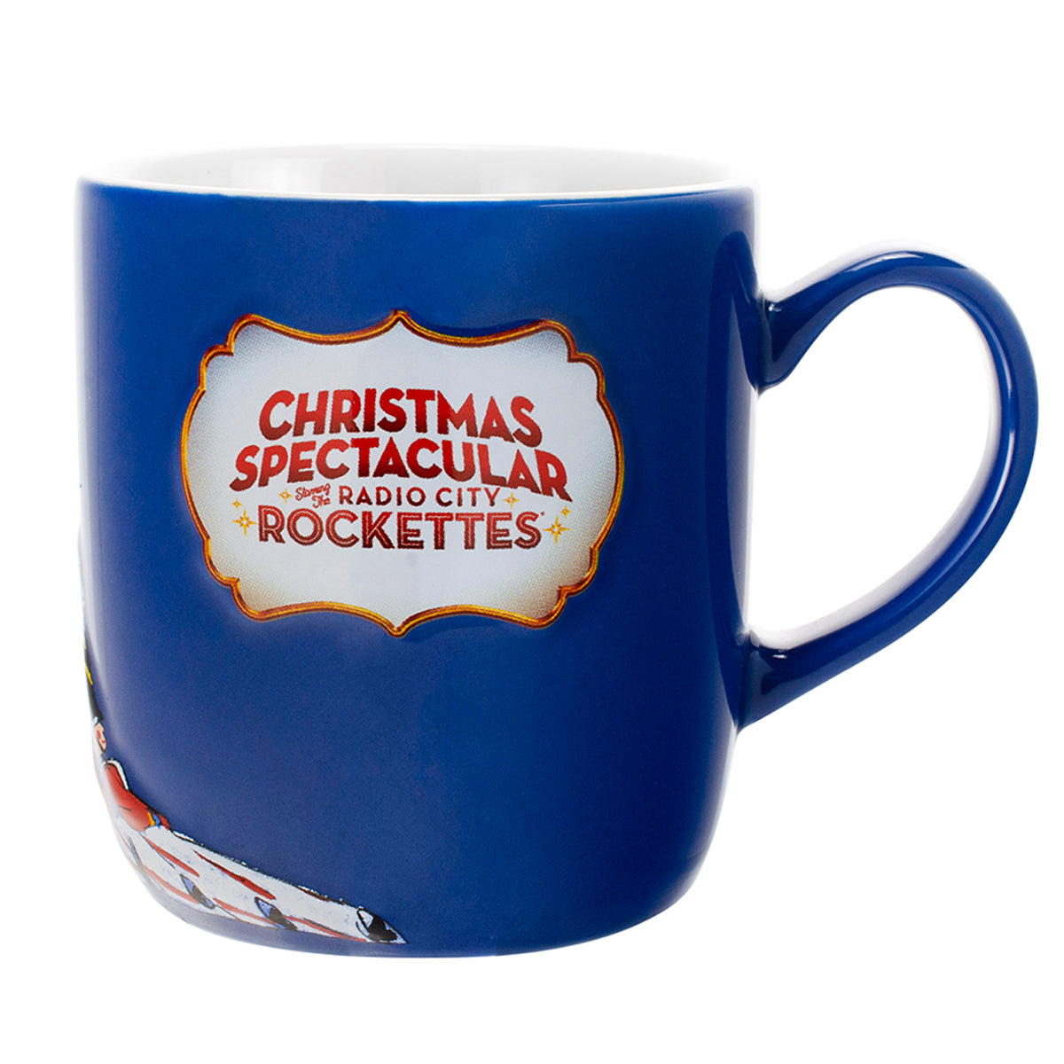 Blue Christmas-themed mug, with Radio City Rockettes Christmas Spectacular design