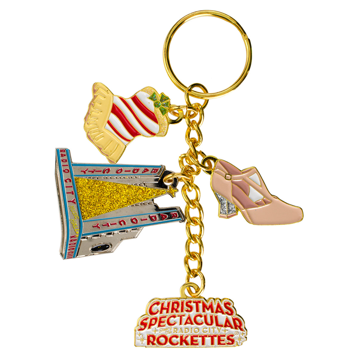 Gold Christmas-themed keychain, with Radio City Rockettes Christmas Spectacular branding
