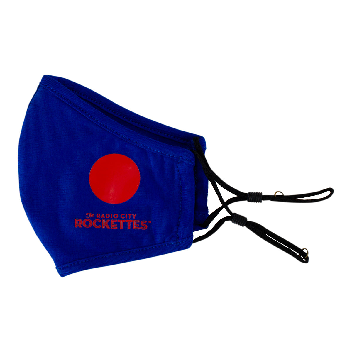Blue and red face mask from side view, with Radio City Rockettes Christmas Spectacular branding