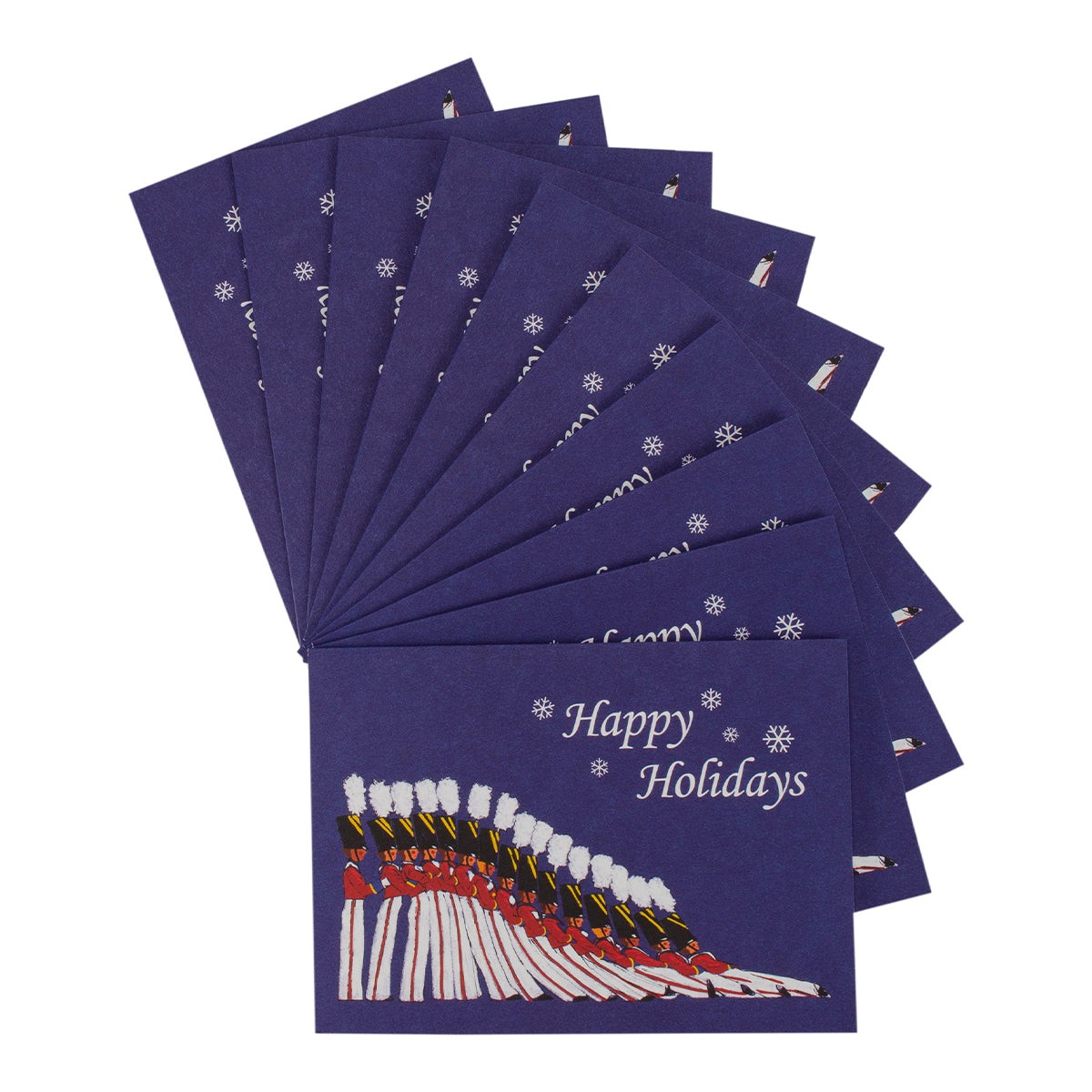 Blue holiday card set, with happy holidays message and toy soldier design