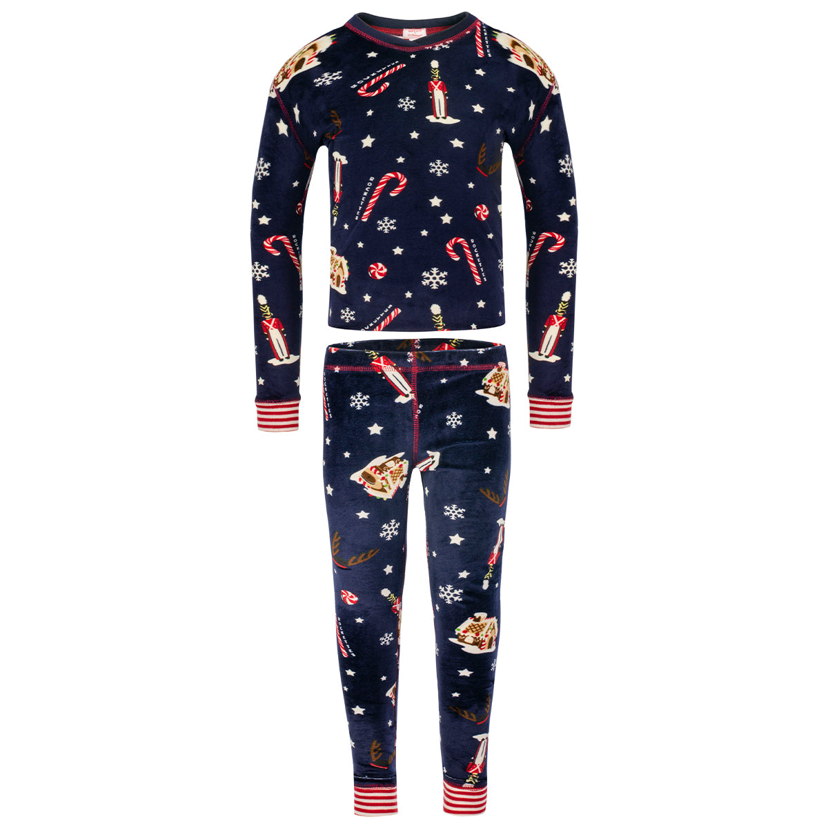 Blue Christmas pajamas from front view with snowy print, candy-cane patterns and toy soldier design