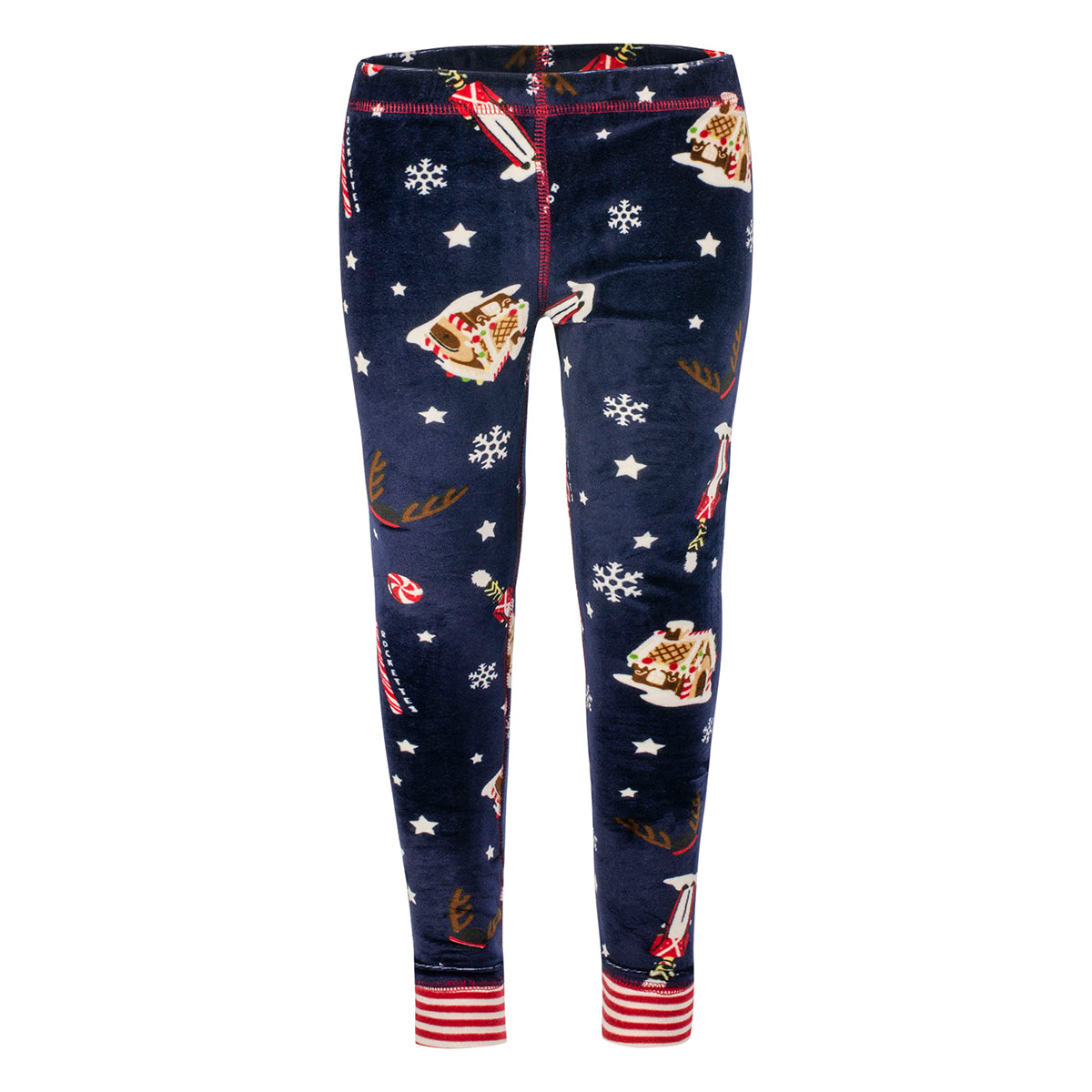 Blue Christmas pajamas pants from front view with snowy print, candy-cane patterns and toy soldier design