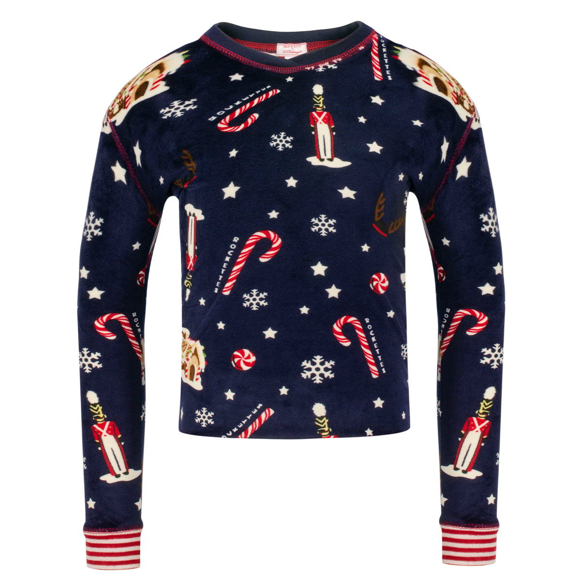 Blue Christmas pajamas top from front view with snowy print, candy-cane patterns and toy soldier design