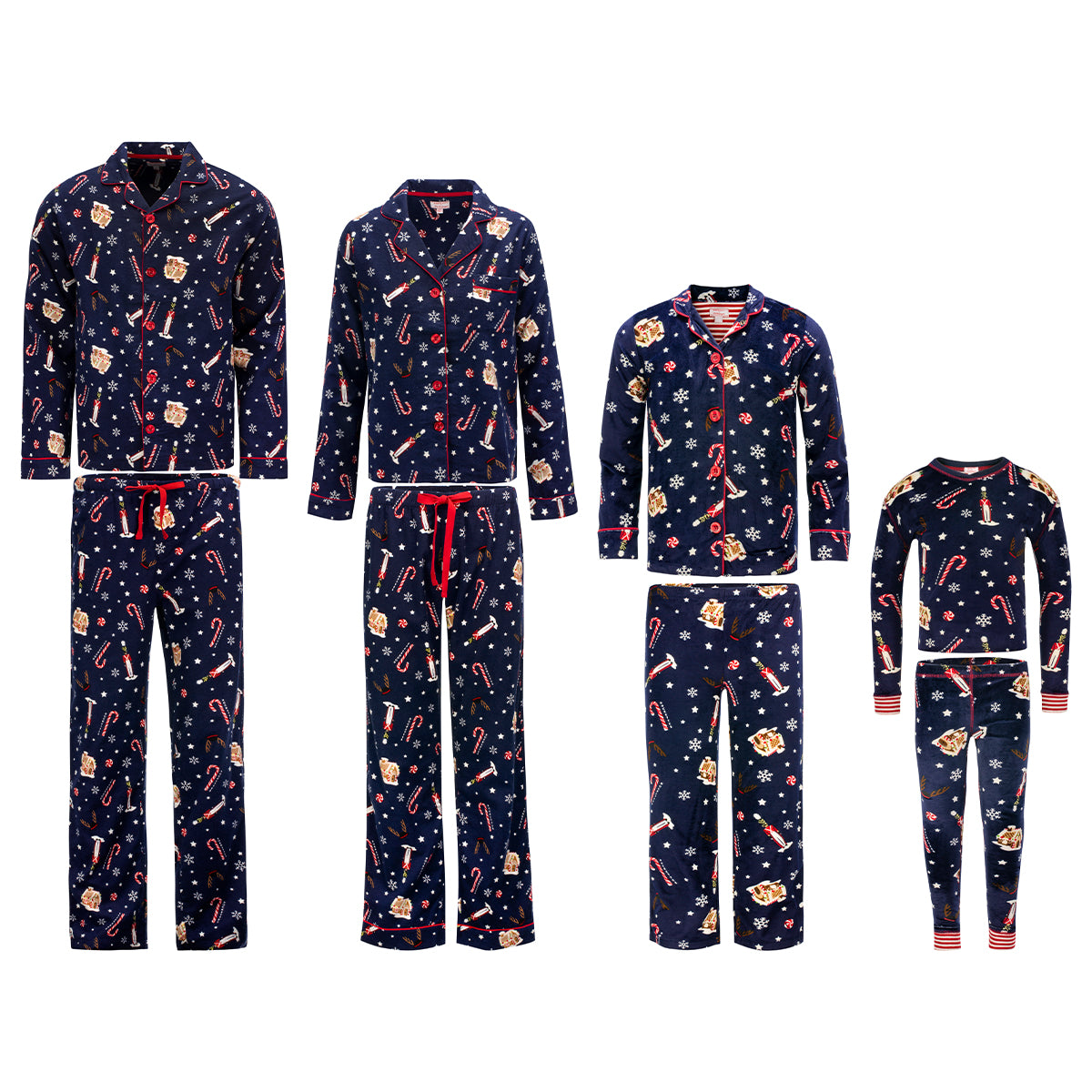 Blue Christmas pajama set for families with snowy print, candy-cane patterns and toy soldier design