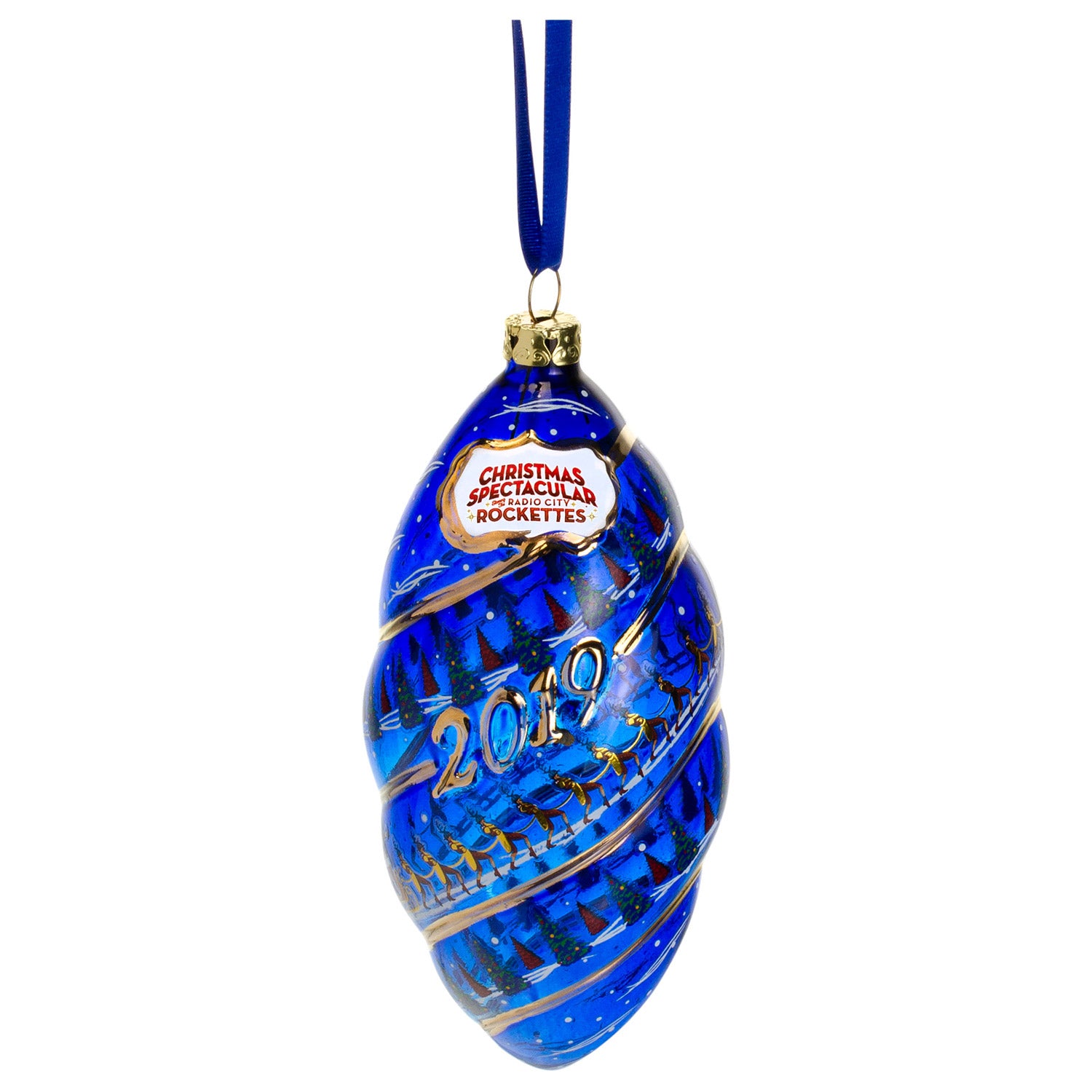 2019 Dated Santa's Reindeer Glass Ornament In Blue - Front View