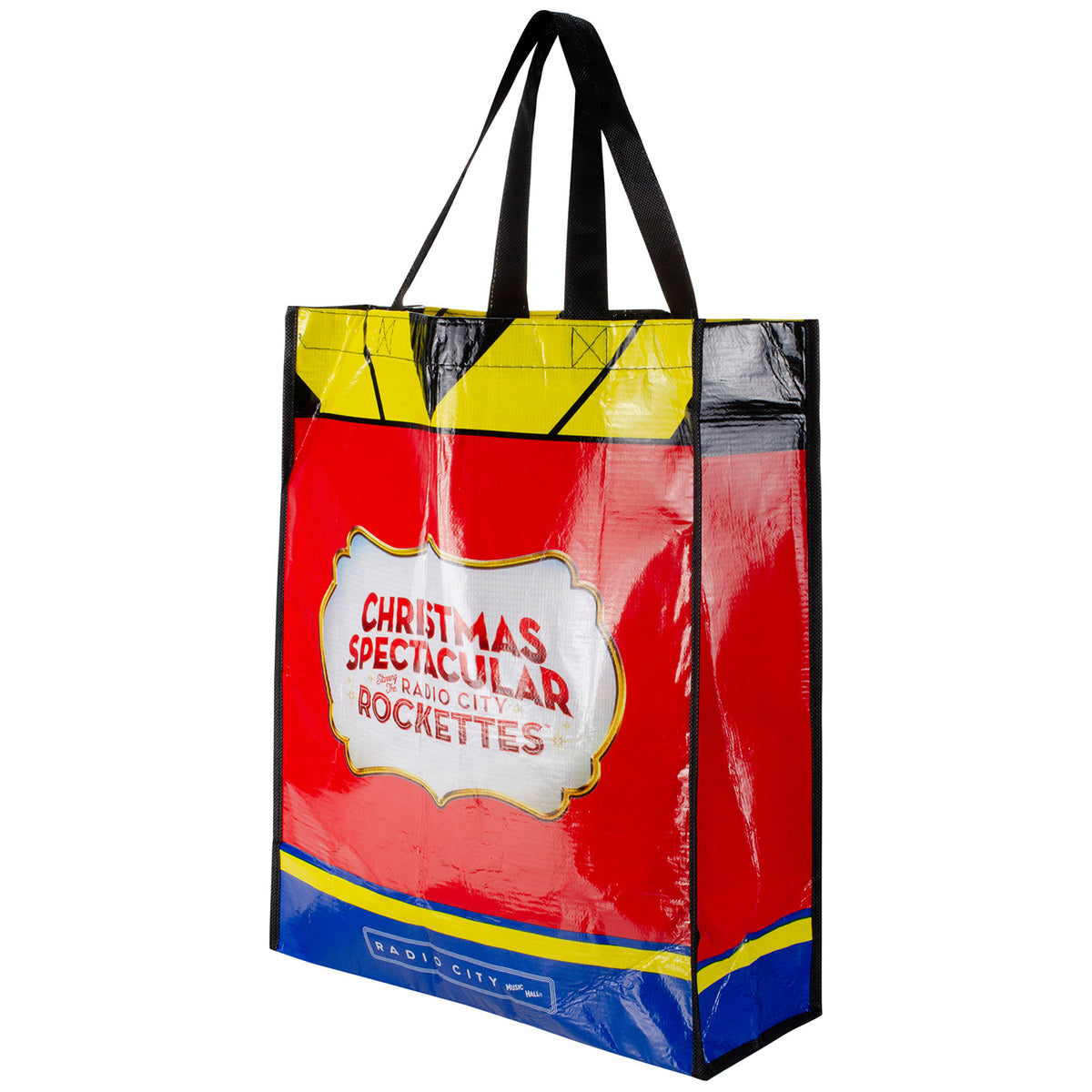 Christmas Spectacular Tote Bag In Red, Yellow, Blue &amp; Black - Side View 1