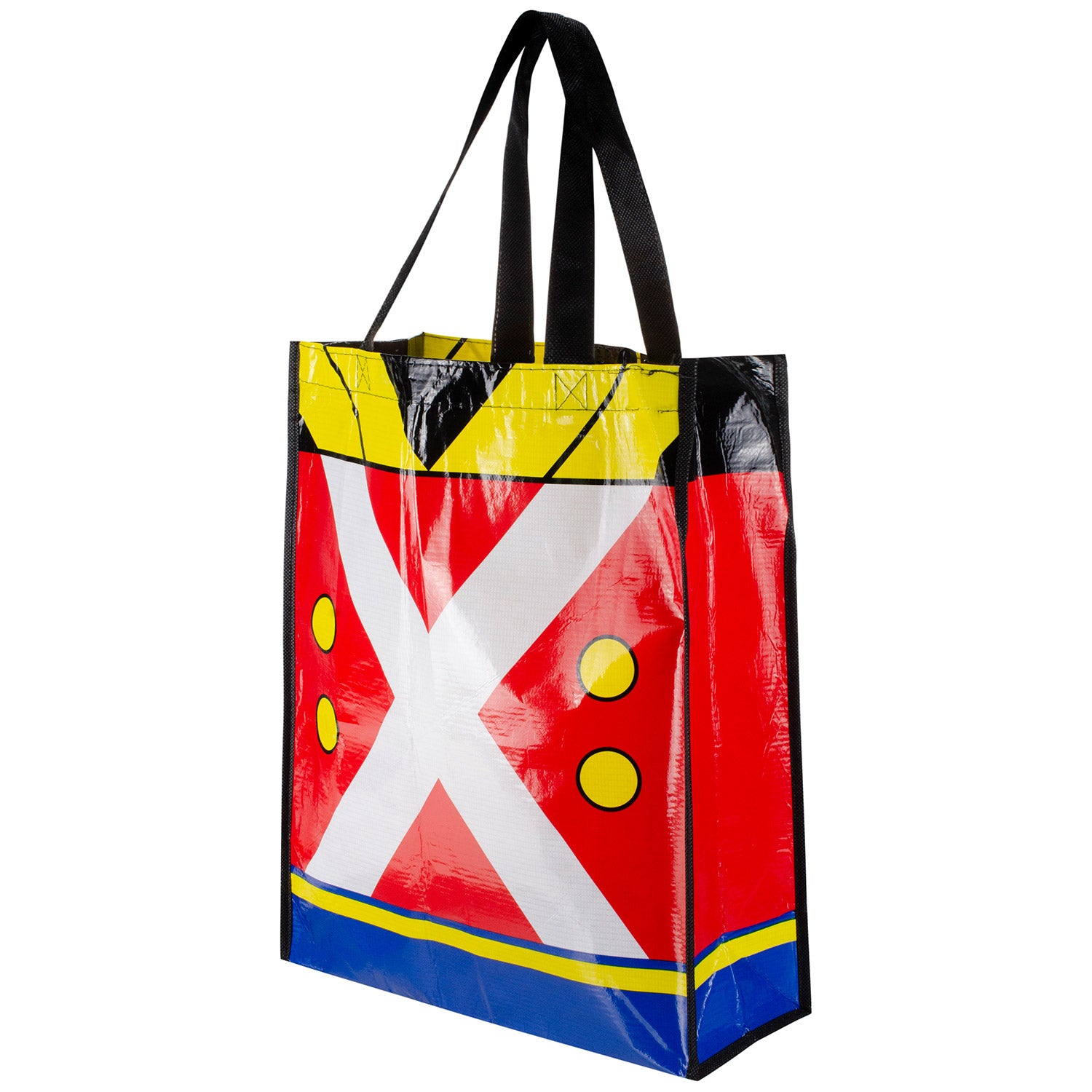 Christmas Spectacular Tote Bag In Red, Yellow, Blue & Black - Side View 1